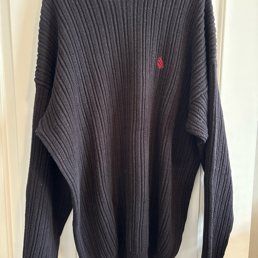Vintage Nautica Men's Dark Charcoal Ribbed Crewneck Sweater with Red Logo